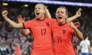  ?? Marc Atkins/Getty Images ?? Lauren Hemp (right) celebrates with Beth Mead after scoring for England against the Netherland­s last week. Photograph: