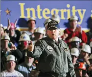  ?? PABLO MARTINEZ MONSIVAIS — THE ASSOCIATED PRESS FILE ?? In this Thursday file photo, President Donald Trump gives a thumbs-up after speaking to Navy and shipyard personnel aboard the nuclear aircraft carrier Gerald R. Ford at Newport News Shipbuildi­ng in Newport News, Va. The ship, which is still under...