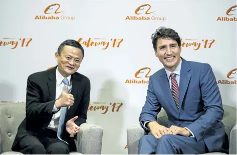  ?? CHRISTOPHE­R KATSAROV/THE CANADIAN PRESS ?? Alibaba Group founder Jack Ma and Prime Minister Justin Trudeau speak to the press at the Gateway Conference, in Toronto on Monday.