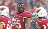  ?? MICHAEL CHOW/THE REPUBLIC ?? The Cardinals’ Chandler Jones (55) needs four sacks to break the NFL season record of 221⁄2 set by Michael Strahan in 2001.