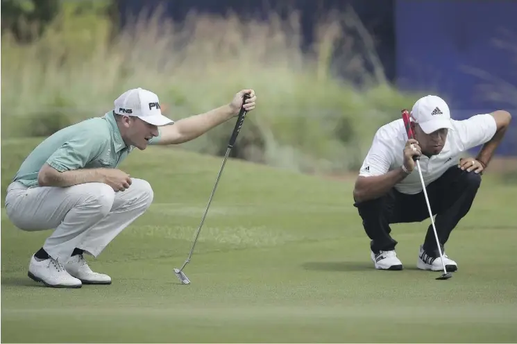  ?? CHRIS GRAYTHEN/GETTY IMAGES ?? Brian Campbell, left, and his playing partner Miguel Angel Carballo were both penalized one stroke for slow play at the TPC Louisiana last week.