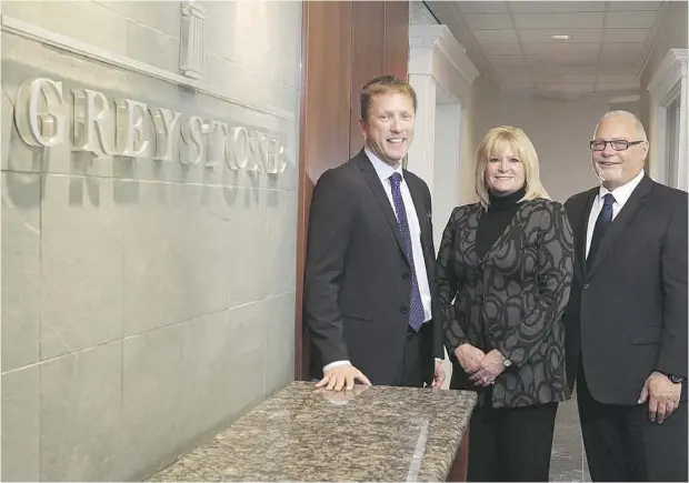  ?? PHOTOGRAPH COURTESY OF GREYSTONE ?? Greystone executives: Rob Vanderhoof­t, left, chief executive officer and chief investment officer, Dianne Conlon, vice-president of human
resources, and Frank Hart, president, managing director and chief risk officer.