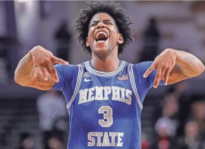  ?? KATIE STRATMAN/USA TODAY SPORTS ?? Memphis guard Kendric Davis reacts after Sunday’s victory against Cincinnati at Fifth Third Arena.