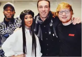  ??  ?? ‘Offensive mistake’: Ben Cook, centre, with Ed Sheeran, right, rapper Cardi B, left, and A&R worker Alec Boateng, far left