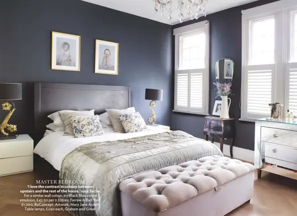  ??  ?? MASTER BEDROOM ‘I love the contrast in colours between upstairs and the rest of the house,’ says Sacha. For a similar wall colour, try black blue estate emulsion, £ 43.50 per 2.5 litres, Farrow & ball. bed, £1,200, boconcept. Artwork, mary Jane Ansell....