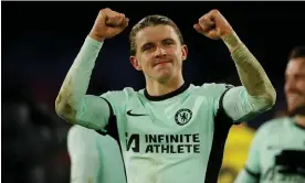  ?? Club, Crystal Palace. Photograph: Tom Jenkins/The Guardian ?? Conor Gallagher celebrates after his double earned Chelsea victory over his former loan