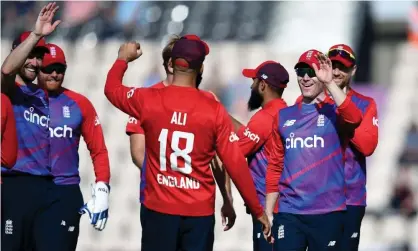  ??  ?? Eoin Morgan (second right) has said England ‘can’t wait to get started’ after learning their T20 World Cup schedule. Photograph: Dave Vokes/Shuttersto­ck