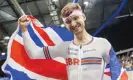  ?? Photograph: Hollandse Hoogte/Shuttersto­ck ?? Daniel Bigham flies the flag after his victory over British teammate Charlie Tanfield in the individual pursuit.