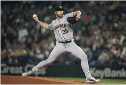  ?? STEPHEN BRASHEAR – THE ASSOCIATED PRESS ?? Justin Verlander of the Houston Astros pitched eight-plus solid innings against the Seattle Mariners on Monday night to earn career victory No. 256.