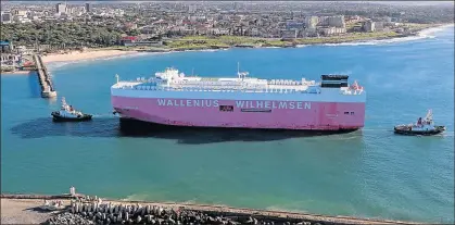  ?? Picture: SUPPLIED ?? BROAD IN THE BEAM: The new generation Post Panamax Ro-Ro vessel M V Thermopyla­e made her maiden call to the Port of East London yesterday and is the widest car carrier to have called at the port. Below, Graphic showing a few facts about the carrier