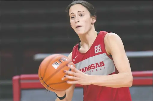  ?? NWA Democrat-Gazette File Photo/J.T. WAMPLER ?? Arkansas’ Bailey Zimmerman said teammate Chelsea Dungee will make a big difference for the Razorbacks this season. “I think she’s definitely a game-changer,” Zimmerman said. “She can create her own shot in any situation.”