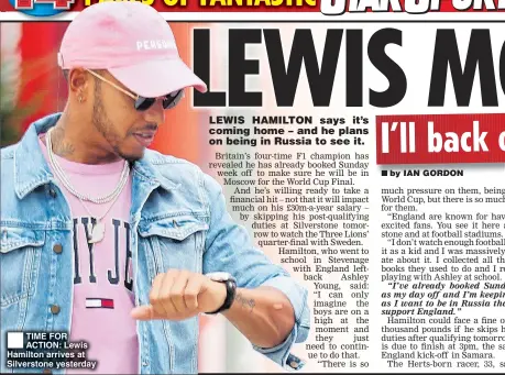  ??  ?? TIME FOR ACTION: Lewis Hamilton arrives at Silverston­e yesterday
