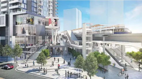  ??  ?? Gilmore Place will be integrated with the SkyTrain station of the same name, as shown in this artist’s rendering.