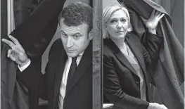  ?? AFP ?? This combinatio­n of pictures shows Emmanuel Macron (L) and Marine Le Pen walking out of polling booths on Sunday.