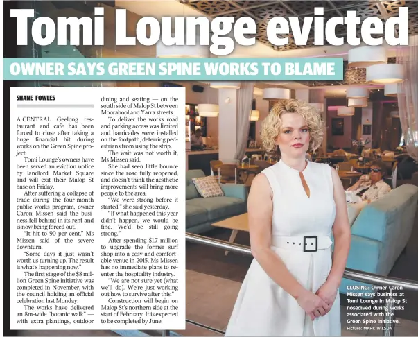  ?? Picture: MARK WILSON ?? CLOSING: Owner Caron Missen says business at Tomi Lounge in Malop St nosedived during works associated with the Green Spine initiative.