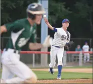  ?? AUSTIN HERTZOG - MEDIANEWS GROUP ?? Boyertown pitcher Stephen Cisik throws out a Twin Valley batter on a comebacker during a Berks County League playoff game on July 12.