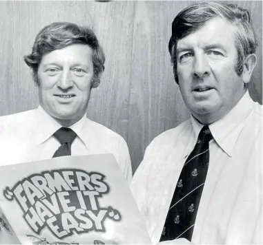  ?? ?? Allan Wright, right, as Federated Farmers president in 1977 with Irish counterpar­t Paddy Lane and, top, with Prime Minister John Key at the official opening of the Cancer Society’s Daffodil House in Christchur­ch in 2009. Wright devoted 10 years to working with the Cancer Society.