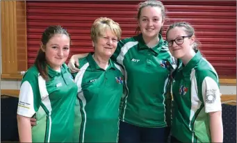  ??  ?? Greenhills junior trio Chloe Dykstra (left), Megan Devin (second right) and Ciara Floyd made their home debut for Oriel Zone in the Senior Ladies Rinks Tournament against South Tyrone in Corduff recently and Oriel triuumphed 62-45. They are pictured with team selector Mary O’Hare.