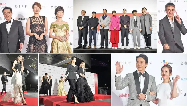  ??  ?? (Clockwise from top left) Hong Kong film director Stanley Kwan (left), actress Gigi Leung (centre) and Angie Chiu pose on the red carpet. • (From left) Festival director Jay Jeon, South Korean director Jero Yun, actor Lee Yu-jun, actress Lee Na-young, actor Jang Dong-yoon, actor Oh Kwang-rok and actor Seo Hyun-woo on arrival. • Also present for the opening ceremony were Indian film director Rajkumar Hirani • South Korean actor Kim Nam-gil and actress Han Ji-min. • Hong Kong actress Baihe Bai and Sammi Cheng • South Korean singer and actress Choi Soo-young. — AFP photos