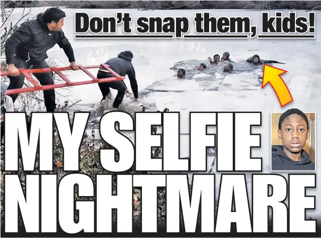  ??  ?? Messiah Garcia (inset and arrow), 13, who fell through the Central Park ice while posing for a selfie, warns, “Don’t risk your life for something stupid.”