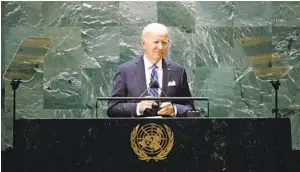  ?? EDUARDO MUNOZ AP ?? President Joe Biden addresses the U.N. General Assembly at the United Nations on Tuesday. His debut at the annual opening was muted by the pandemic. Many leaders did not attend.