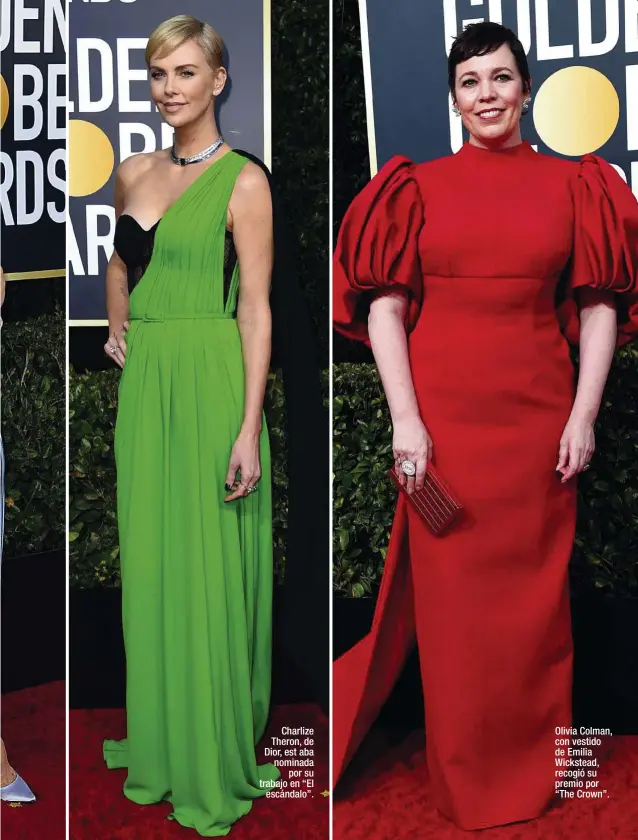  ??  ?? Charlize Theron, de Dior, est aba nominada por su trabajo en “El escándalo”.
Olivia Colman, con vestido de Emilia Wickstead, recogió su premio por “The Crown”.