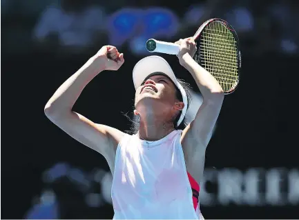  ?? — GETTY IMAGES ?? Su-Wei Hsieh celebrates her second-round victory against third-seeded Garbine Muguruza of Spain 7-6 (1), 6-4 on Day 4 of the 2018 Australian Open at Melbourne Park.