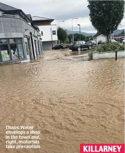  ??  ?? Chaos: Water envelops a shop in the town and, right, motorists take precaution