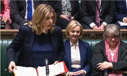  ?? Photograph: PRU/AFP/Getty Images ?? Penny Mordaunt answers the urgent questions session on behalf of Liz Truss (centre, next to Thérèse Coffey) at the House of Commons on October 17, 2022.