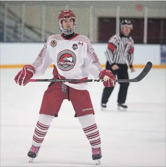  ?? BOB TYMCZYSZYN THE ST. CATHARINES STANDARD ?? Christian Girhiny of the St. Catharines Falcons joined the junior B club for Thursday’s game against the Thorold Blackhawks.