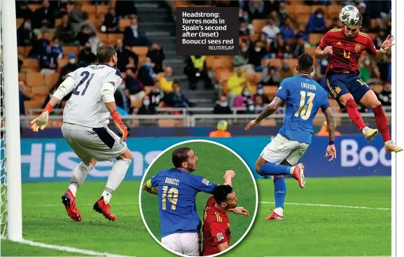  ?? REUTERS/AP ?? Headstrong: Torres nods in Spain’s second after (inset) Bonucci sees red