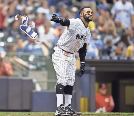  ?? STACY REVERE / GETTY IMAGES ?? Brewers second baseman Jonathan Villar has been an offensive bust since opening day this season, producing a .631 OPS entering Saturday, compared to his .826 mark of a year ago.