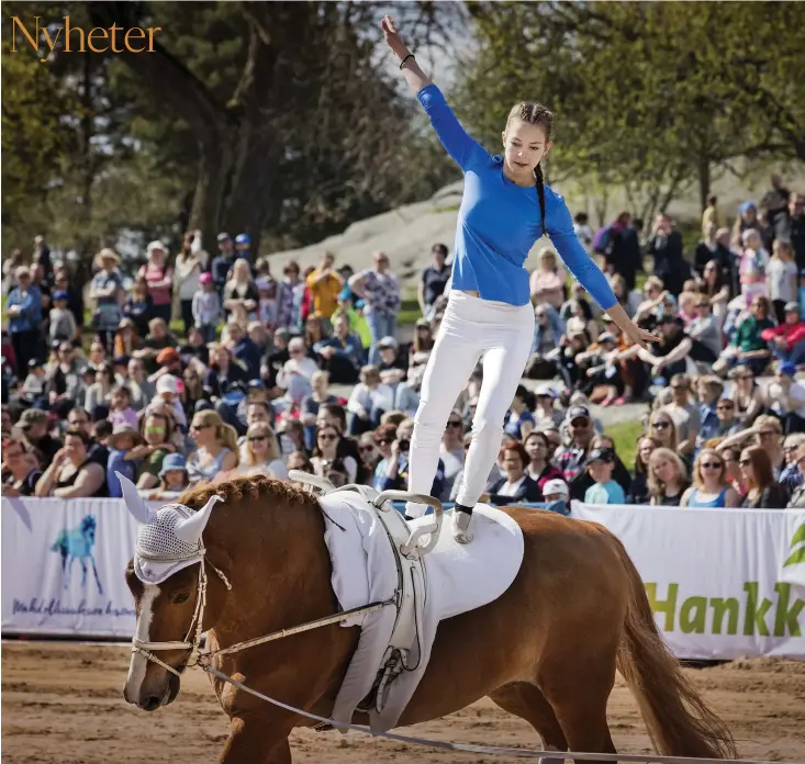  ??  ?? MåNGSIDIG SPORT. Gymnastik till och med häst, voltige, är mångsidigt. Hanna Pikkuhooka­na balanserar på Sorrex i galopp.