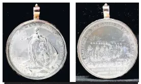  ??  ?? The Davidson Silver Nile Medal presented to Thomas Atkinson. The obverse is engraved ‘Rear Admiral Lord Nelson of the Nile’ and ‘Europe’s Hope and Britain’s Glory’, while the reverse has the words ‘Almighty God Has Blessed His Majesty’s Arms’ / ‘Victory Of The Nile August 1. 1798’