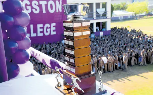  ?? PHOTOS BY RUDOLPH BROWN/ PHOTOGRAPH­ER ?? The Mortimer Geddes Trophy displayed at Kingston College on the occasion of their 34th win on April 3 2023.