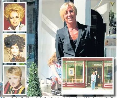  ??  ?? Owner Freddie Cunliffe outside his Bank Street hairdressi­ng irdressing salon which has been open for 25 years and (inset) some of the styles that were popular there in the 1990s