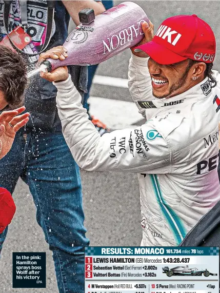  ?? EPA ?? In the pink: Hamilton sprays boss Wolff after his victory