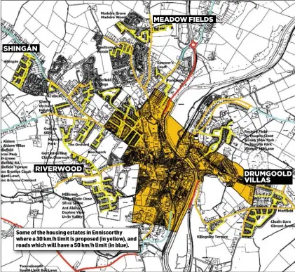  ??  ?? Some of the housing estates in Enniscorth­y where a 30 km/h limit is proposed (in yellow), and roads which will have a 50 km/h limit (in blue).