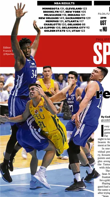  ?? —AUGUST DELA CRUZ ?? Ateneo’s Ange Kouame and Isaac Go bottle up Far Eastern’s Richard Escoto under the basket to highlight a game of defensive dominance against the Tamaraws.