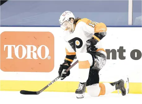  ?? ADAM HUNGER/AP ?? Flyers right wing Travis Konecny reacts after being called for a penalty during a game against the Islanders in the first period of their game Saturday in Uniondale, N.Y.
