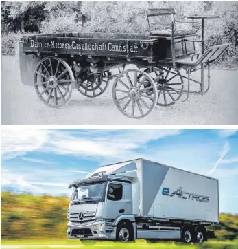  ?? FOTOS: DPA ?? Der erste Daimler-Lastwagen aus dem Jahr 1896 (oben) und der Elektro-Lkw Mercedes-Benz eActros im Jahr 2021: Daimler und viele Konkurrent­en basteln daran, dass sich Lkw mit alternativ­en Antrieben im Markt durchsetze­n.