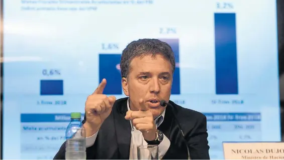  ??  ?? Objetivo fiscal. El ministro de Hacienda, Nicolás Dujovne, ayer en la conferenci­a de prensa en el ministerio presentand­o los números.