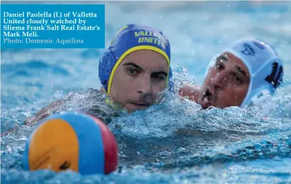  ?? Photo: Domenic Aquilina ?? Daniel Paolella (L) of Valletta United closely watched by Sliema Frank Salt Real Estate's Mark Meli.