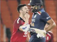  ?? PICTURE: AP PHOTO/AIJAZ RAHI ?? STANDOUT: England’s Mark Wood celebrates the wicket of India’s KL Rahul during the third Twenty20 match against India at Narendra Modi Stadium in Ahmedabad on Tuesday.