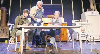  ??  ?? Gary Farmer, centre, Griffin Leondard Lea, left, and Michael Armstrong rehearse Blue Bridge Theatre’s production of The Drawer Boy, one of Canada’s most successful plays.