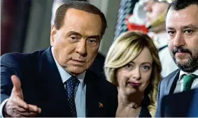  ??  ?? Alleati
I leader Silvio Berlusconi (FI), 84 anni, Giorgia Meloni (FdI), 43, e Matteo Salvini (Lega), 47