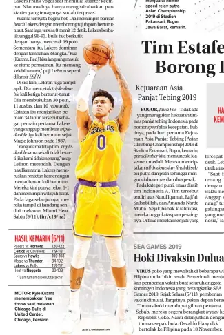  ?? JESSE D. GARRABRANT/AFP ?? Celtics
Lakers
Hornets
Hawks Thunder
Nuggets
MOTOR: Kyle Kuzma menembakka­n free throw saat melawan Chicago Bulls di United Center, Chicago, kemarin.