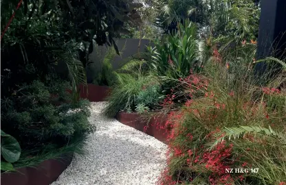  ??  ?? THIS PAGE Get the balance right between hard landscapin­g and planting, says Trish Bartleet; in this garden she designed, Alpine Mix pebbles meander past rusted steel beds softened by feathery plants such as the coral-tipped Russelia equisetifo­rmis.