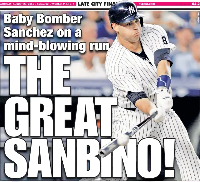  ??  ?? Rookie sensation Gary Sanchez continues his torrid hitting Friday by belting his 10th home run this month, leading a 14-4 thumping of the Orioles.