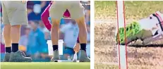  ??  ?? Stumped: Ground staff paint the popping crease too thick, meaning Moeen Ali cannot get part of his foot over the line in time